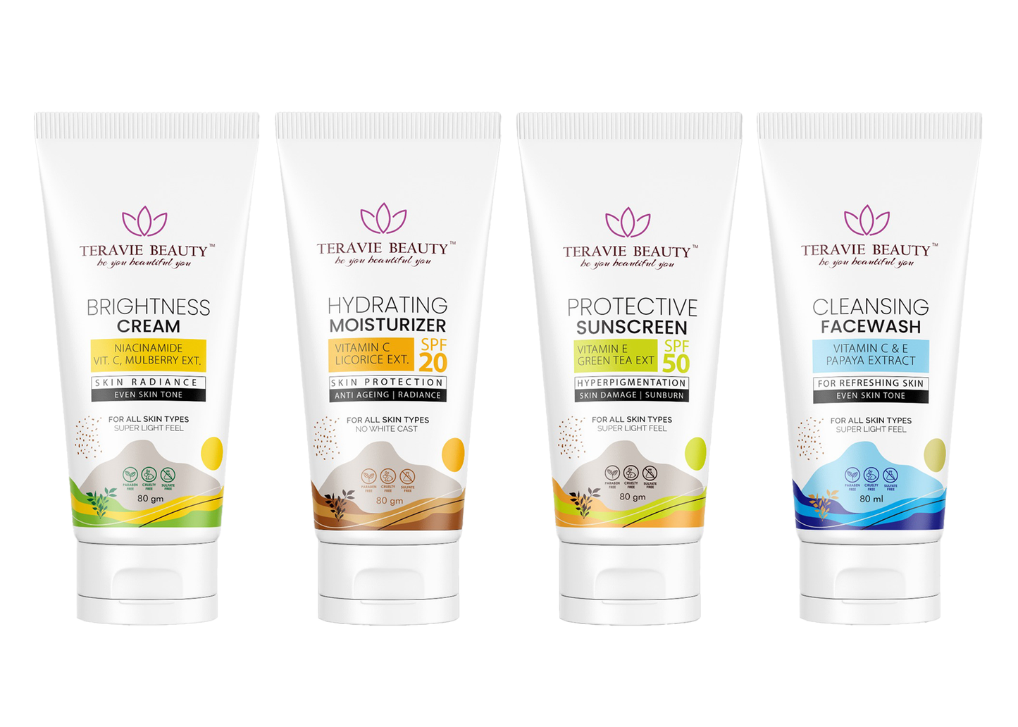 Brightness Cream + Hydrating Moisturizer + Protective Sunscreen + Cleansing Facewash Combo